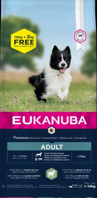 Eukanuba Adult Small&Medium Breed Rich In Lamb & Rice 12kg + 2kg GRATIS