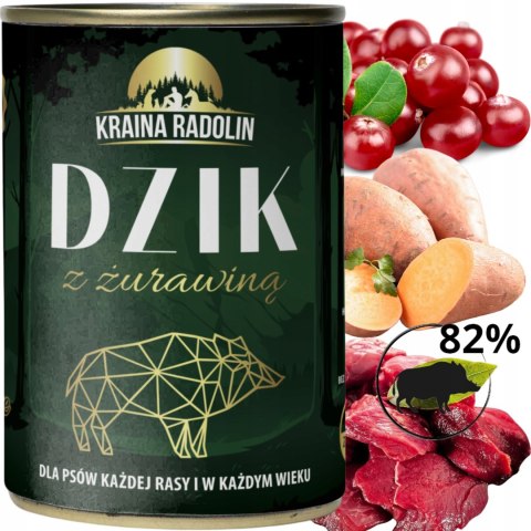 Kraina Radolin Dzik z żurawiną 400g 82% mięsa karma mokra dla alergików z nadwrażliwością pokarmową