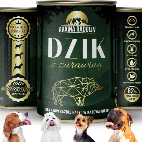 Kraina Radolin Dzik z żurawiną 400g 82% mięsa karma mokra dla alergików z nadwrażliwością pokarmową