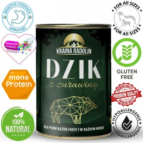 Kraina Radolin Dzik z żurawiną 400g 82% mięsa karma mokra dla alergików z nadwrażliwością pokarmową